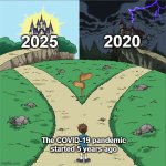 Are you starting the COVID-19 pandemic? | 2020; 2025; The COVID-19 pandemic started 5 years ago | image tagged in two paths,memes,funny | made w/ Imgflip meme maker