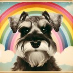 a white mini schnauzer on a background of rainbow colors (radiat