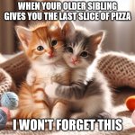 to kittens hugging | WHEN YOUR OLDER SIBLING GIVES YOU THE LAST SLICE OF PIZZA; I WON'T FORGET THIS | image tagged in to kittens hugging | made w/ Imgflip meme maker