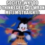 it's because they're human too, dumbass.. | SOCIETY: WHY DO YOU THINK LGBTQ+ IS WRONG?!
ME (I'M STRAIGHT): | image tagged in yakko inhale | made w/ Imgflip meme maker