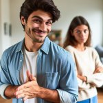 young man with smiles guiltily at girlfriend