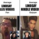 Average Fan vs. Average Enjoyer | LINDSAY NIKOLE VIDEOS; LINDSAY ELLIS VIDEOS | image tagged in average fan vs average enjoyer,memes,youtubers,shitpost,funny memes,humor | made w/ Imgflip meme maker