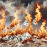 $100 bills on fire with smoke lifting in the air template