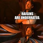 Image title | RAISINS ARE UNDERRATED. | image tagged in flynn rider about to state unpopular opinion then knives | made w/ Imgflip meme maker