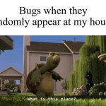 Why does this happen to me all the time | Bugs when they randomly appear at my house: | image tagged in what is this place,memes,funny,why are you reading this | made w/ Imgflip meme maker