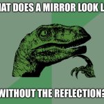 Mind over mirror | WHAT DOES A MIRROR LOOK LIKE; WITHOUT THE REFLECTION? | image tagged in philosophy dinosaur | made w/ Imgflip meme maker