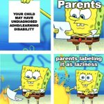 How it feels to grow up with that | Parents; YOUR CHILD MAY HAVE UNDIAGNOSED ADHD/LEARNING DISABILITY; parents labeling it as laziness | image tagged in spongebob burning paper,memes,bad parents,toxic,child abuse,emotional abuse | made w/ Imgflip meme maker