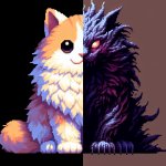 One half is a cute kitty, and the other half is a dark purple hu meme