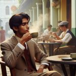 1920s young man drinking coffee Al fresco at a cafe