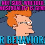 Not Sure Whether Homosexuality Is Genetic Or Behavioral | NOT SURE WHETHER HOMOSEXUALITY IS GENETIC; OR BEHAVIORAL | image tagged in not sure if- fry,lgbtq,gay pride,gay rights,homosexuality,genetics | made w/ Imgflip meme maker