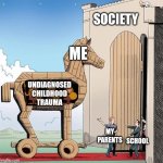 life is great | SOCIETY; ME; UNDIAGNOSED
CHILDHOOD
TRAUMA; MY PARENTS; SCHOOL | image tagged in trojan horse | made w/ Imgflip meme maker