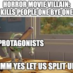 what could POSSIBLY go wrong? | HORROR MOVIE VILLAIN: KILLS PEOPLE ONE BYE ONE; PROTAGONISTS; HMM YES LET US SPLIT UP | image tagged in hmm yes,memes,horror,horror movies,movies,what could go wrong | made w/ Imgflip meme maker