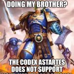 What are you doing brother? | WHAT ARE YOU DOING MY BROTHER? THE CODEX ASTARTES DOES NOT SUPPORT YOUR HERETICAL ACTIONS! | image tagged in what are you doing brother | made w/ Imgflip meme maker