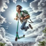 boy student riding a green electric scooter in the sky fast