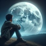 boy sitting in front of the moon