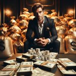 rich man sitting on sacks of gold, cash, diamonds