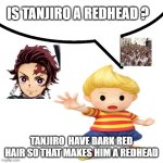 is tanjiro a redhead ? | IS TANJIRO A REDHEAD ? TANJIRO  HAVE DARK RED HAIR SO THAT MAKES HIM A REDHEAD | image tagged in lucas mother 3 speech bubble,tanjiro,redheads,demon slayer,anime memes,questions | made w/ Imgflip meme maker