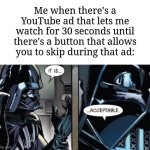 I'll accept it | Me when there's a YouTube ad that lets me watch for 30 seconds until there's a button that allows you to skip during that ad: | image tagged in it is acceptable,memes,funny,youtube | made w/ Imgflip meme maker