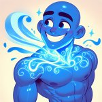 Blue skinned bald man without a shirt grinning