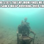 lol idk | THE STATE THAT MY MOM FINDS ME IN AFTER I SAW A WASP HOVERING OVER THE POOL: | image tagged in skeleton under water,funny,waiting skeleton,oh wow are you actually reading these tags,underwater,chair | made w/ Imgflip meme maker