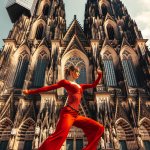 Dancer in red dress in front of cologne dome