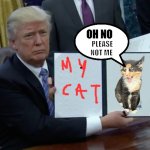 Oh no not me | OH NO; PLEASE NOT ME | image tagged in memes,trump bill signing,trumps cat,cat,scared cat,scared kitten | made w/ Imgflip meme maker