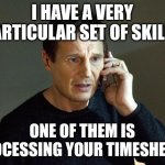 Liam Neeson timesheet reminder | I HAVE A VERY PARTICULAR SET OF SKILLS; ONE OF THEM IS PROCESSING YOUR TIMESHEETS | image tagged in memes,liam neeson taken 2 | made w/ Imgflip meme maker