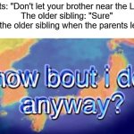 funny | Parents: "Don't let your brother near the Lego's"
The older sibling: "Sure"
Also the older sibling when the parents leave:; it | image tagged in funny,how bout i do it anyway | made w/ Imgflip meme maker