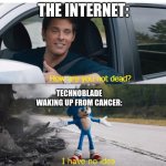 the amazing unkillable technoblade | THE INTERNET:; TECHNOBLADE WAKING UP FROM CANCER: | image tagged in sonic how are you not dead | made w/ Imgflip meme maker