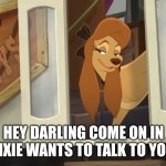 Dixie Wants To Talk to you | HEY DARLING COME ON IN DIXIE WANTS TO TALK TO YOU | image tagged in dixie's hiding,the fox and the hound 2,reba mcentire | made w/ Imgflip meme maker