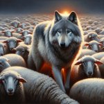 Lone wolf standing in army of sheep