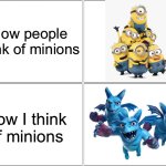 Minions? | How people think of minions; How I think of minions | image tagged in memes,blank comic panel 2x2,minions,clash of clans | made w/ Imgflip meme maker