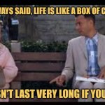 Run Forrest Run | MAMA ALWAYS SAID, LIFE IS LIKE A BOX OF CHOCOLATES; IT DOESN'T LAST VERY LONG IF YOU'RE FAT | image tagged in memes,tom hanks,funny memes,forrest gump,life is like a box of chocolates | made w/ Imgflip meme maker