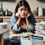 concerned young woman sits at kitchen table with bills, receipts