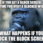 plot twist | IF YOU GET A BLOCK SCREEN EVERYTIME YOU VISIT A BLOCKED WEBSITE... WHAT HAPPENS IF YOU BLOCK THE BLOCK SCREEN? | image tagged in deep thoughts,hmm,memes,meme,funny,monkey | made w/ Imgflip meme maker