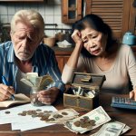 older couple sits around kitchen table with bills and receipts p