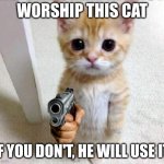 Worship you must. | WORSHIP THIS CAT; IF YOU DON'T, HE WILL USE IT. | image tagged in standing cat with gun | made w/ Imgflip meme maker