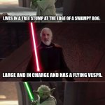 Proving girls would prefer Dooku to Yoda. | LIVES IN A TREE STUMP AT THE EDGE OF A SWAMPY BOG. LARGE AND IN CHARGE AND HAS A FLYING VESPA. ASK HIM HOW WE'LL GET THERE AND HE RESPONDS, "A RIDE WE WILL GET." | image tagged in yoda and dooku conversation,girls be like,jedi master yoda,empire | made w/ Imgflip meme maker