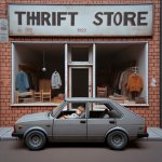 kid sitting in a car by a thrift store