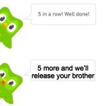 Duolingo 5 days | 5 more and we’ll release your brother | image tagged in duolingo 5 days | made w/ Imgflip meme maker