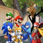 Mario and friends befriend a Deerman | image tagged in fence,crossover,super mario,megaman,sonic the hedgehog,deer | made w/ Imgflip meme maker