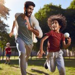 A kid running away from another kid hitting a ball towards him