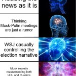 GALAXY BRAIN | Reading the news as it is; Thinking Musk-Putin meetings are just a rumor; WSJ casually controlling the election narrative; Musk secretly masterminding both U.S. and Russia’s elections because… why not | image tagged in galaxy brain | made w/ Imgflip meme maker