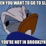 Too Beastie: No sleep til Brooklyn | WHEN YOU WANT TO GO TO SLEEP; BUT YOU'RE NOT IN BROOKLYN YET | image tagged in angry donald duck,beastie boys,brooklyn,sleep | made w/ Imgflip meme maker