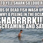 Thousands of people peeing in the ocean | IMA BOUT TO YELL SHARK SO LOUD RIGHT NOW; THOUSANDS OF DEAD FISH WASH UP ON SHORE
WHY U PEEING IN THE OCEAN; SHARRRRK!!!! TERRIFIED SCREAMING AND SATISFACTION | image tagged in thousands of people peeing in the ocean | made w/ Imgflip meme maker