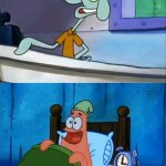 Squidward and Patrick 3 AM | Who would be dumb enough to post a irrelevant meme at 3am? O H B O I 3 A M | image tagged in squidward and patrick 3 am | made w/ Imgflip meme maker