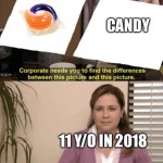 anyone find it relatable? also don’t eat tide pods, THEY ARENT CANDY | CANDY; 11 Y/O IN 2018 | image tagged in coorperate needs to find | made w/ Imgflip meme maker