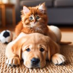 Cute kitten sitting on puppy