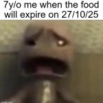 Oh no | 7y/o me when the food will expire on 27/10/25 | image tagged in sackboy sad,memes | made w/ Imgflip meme maker