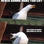 Inhaling Seagull | NEVER GONNA GIVE YOU UP, NEVER GONNA LET YOU DOWN. NEVER GONNA RUN AROUND, AND HURT YOU. NEVER GONNA MAKE YOU CRY; NEVER GONNA SAY GOODBYE. NEVER GONNA TELL YOU LIES.. AND HURT YOU! | image tagged in memes,inhaling seagull | made w/ Imgflip meme maker